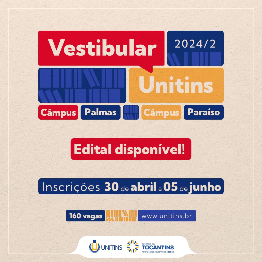 As inscrições para o Vestibular 2024/2 da Unitins estão agora abertas, oferecendo um total de 160 vagas nos Câmpus Palmas e Paraíso.